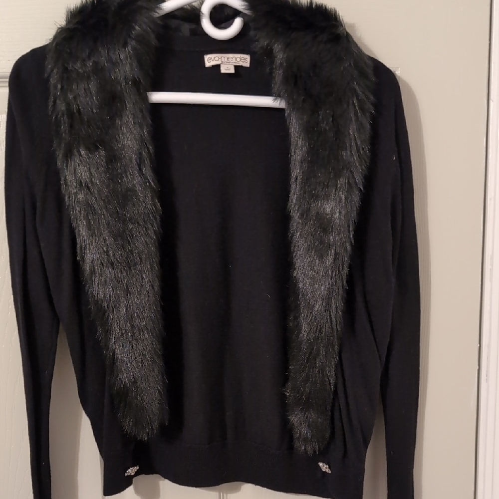 Eva Mendes Black Cardigan with Faux Fur Trim